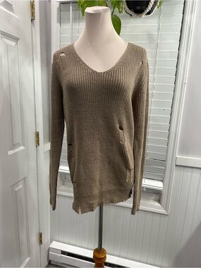 Taupe V-Neck Distressed Knit Sweater - Women